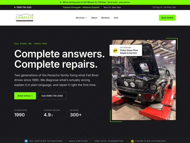 The Complete Auto Tech Center home page: a Book Online button, the headline Complete answers. Complete repairs., and a car on the lift in the shop.