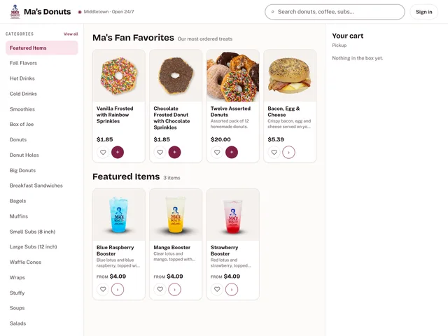 Ma's Donuts ordering site: menu categories down the side, the most-ordered donuts and sandwiches with prices, and the pickup cart.
