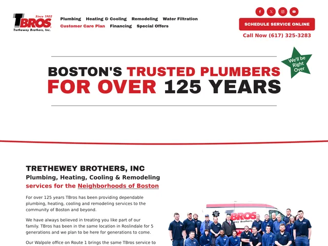 The T Bros home page: menus for plumbing, heating and cooling, remodeling and water filtration, a Schedule Service Online button, and the headline Boston's trusted plumbers for over 125 years.
