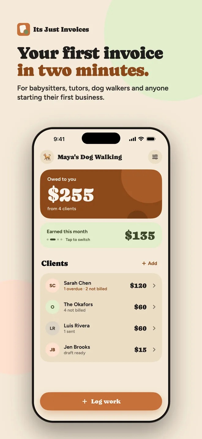 Your first invoice in two minutes. For babysitters, tutors, dog walkers and anyone starting their first business.