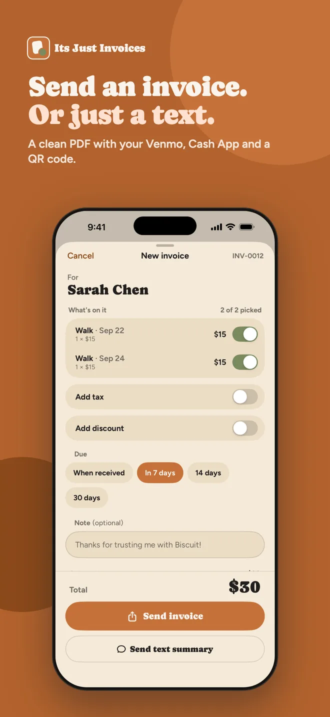 Send an invoice. Or just a text. A clean PDF with your Venmo, Cash App and a QR code.