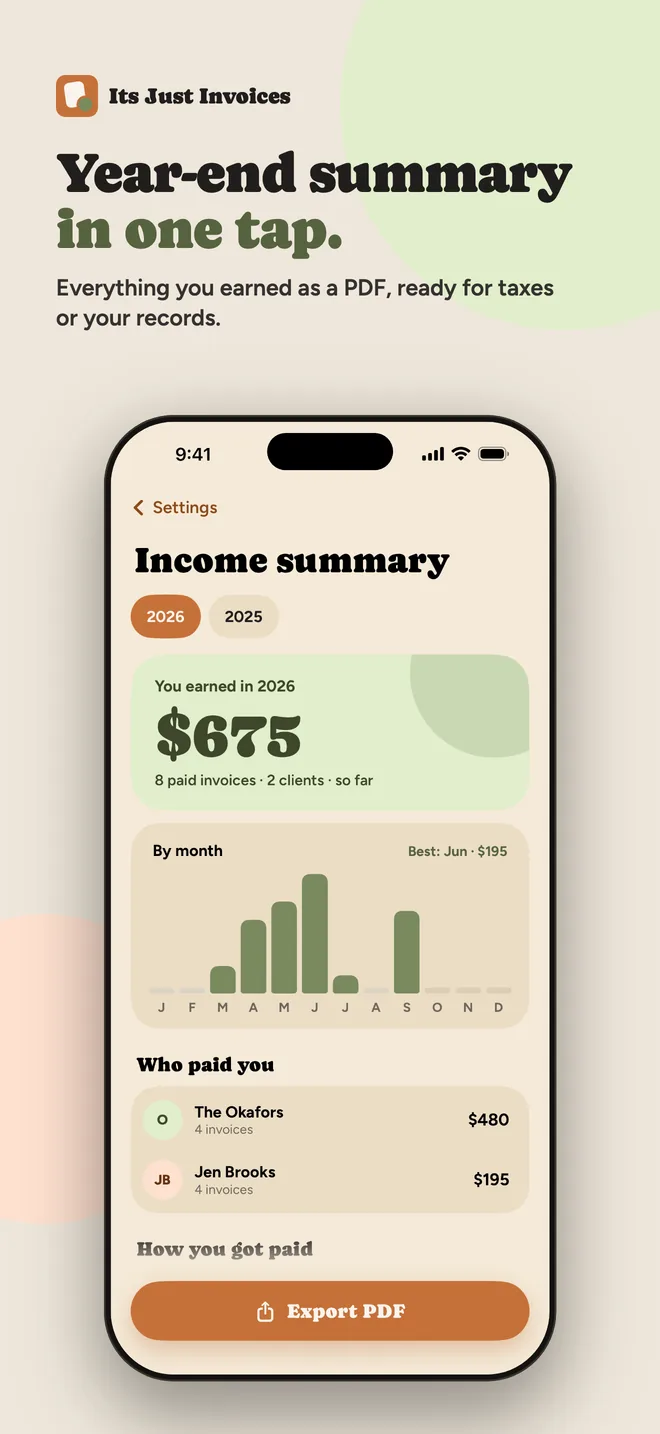 Year-end summary in one tap. Everything you earned as a PDF, ready for taxes or your records.