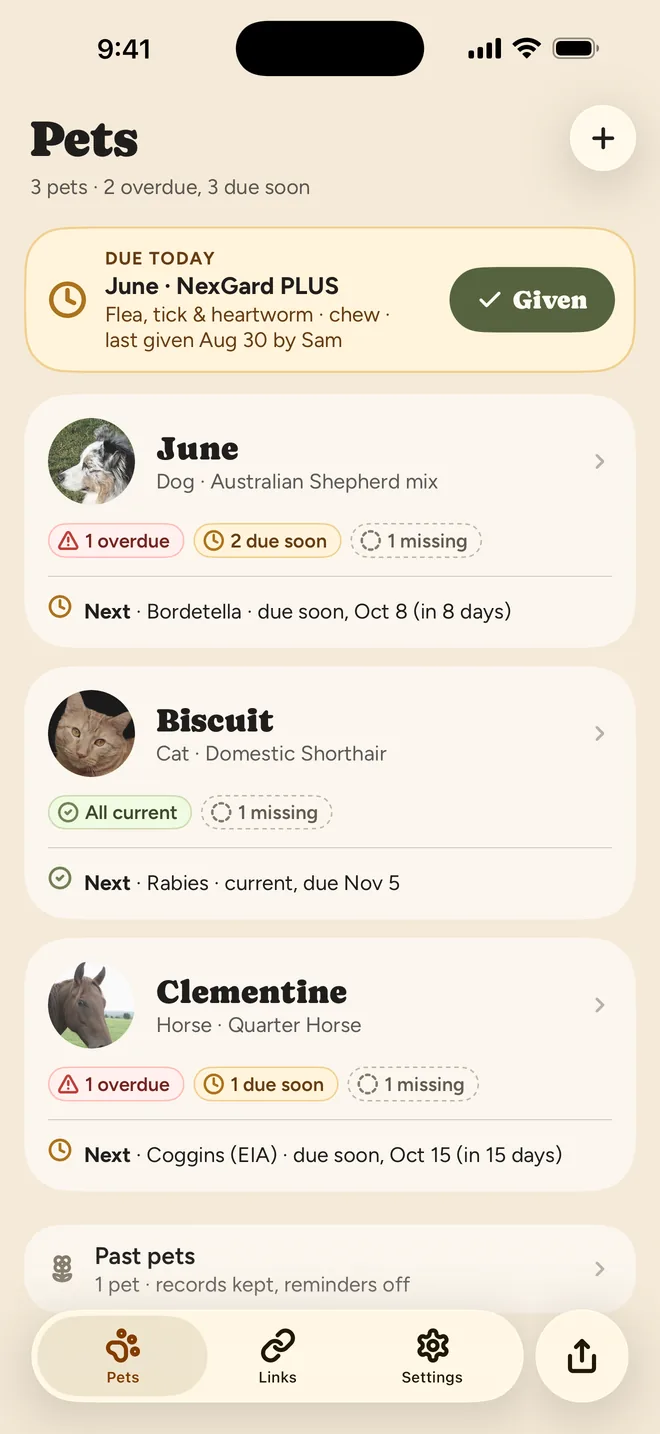 The Pet Papers Pets screen for a demo household: a Due today card for June’s NexGard dose, then June the dog, Biscuit the cat and Clementine the horse, each with status badges and what’s due next.