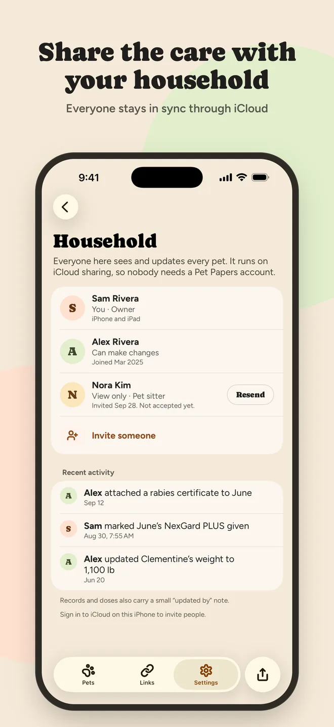 Share the care with your household. Everyone stays in sync through iCloud.