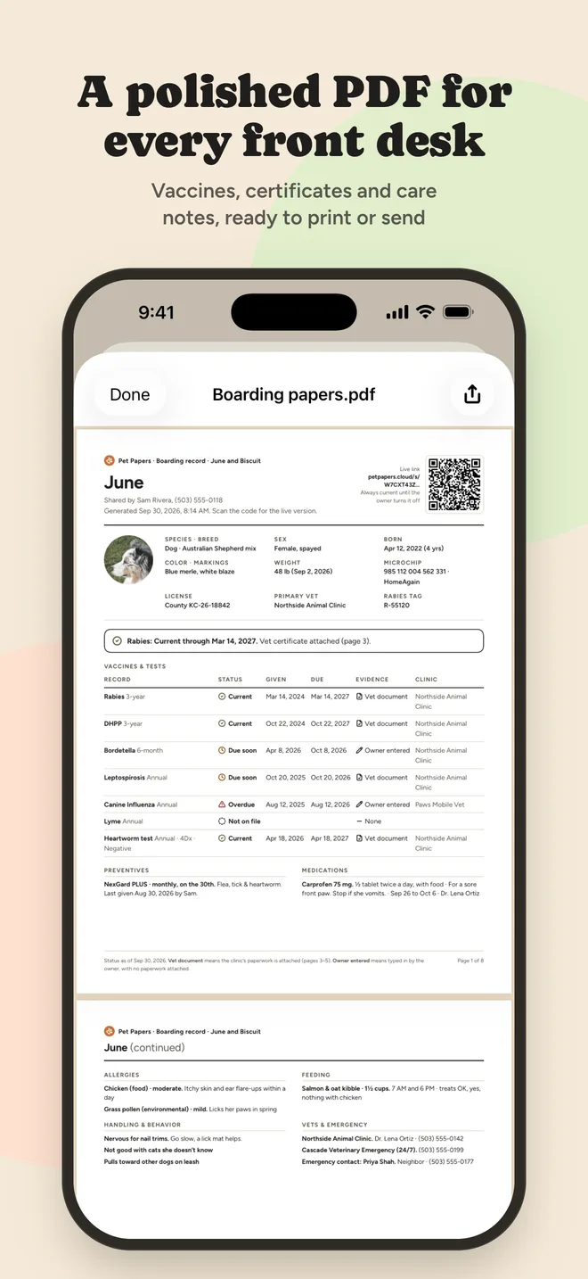 A polished PDF for every front desk. Vaccines, certificates and care notes, ready to print or send.