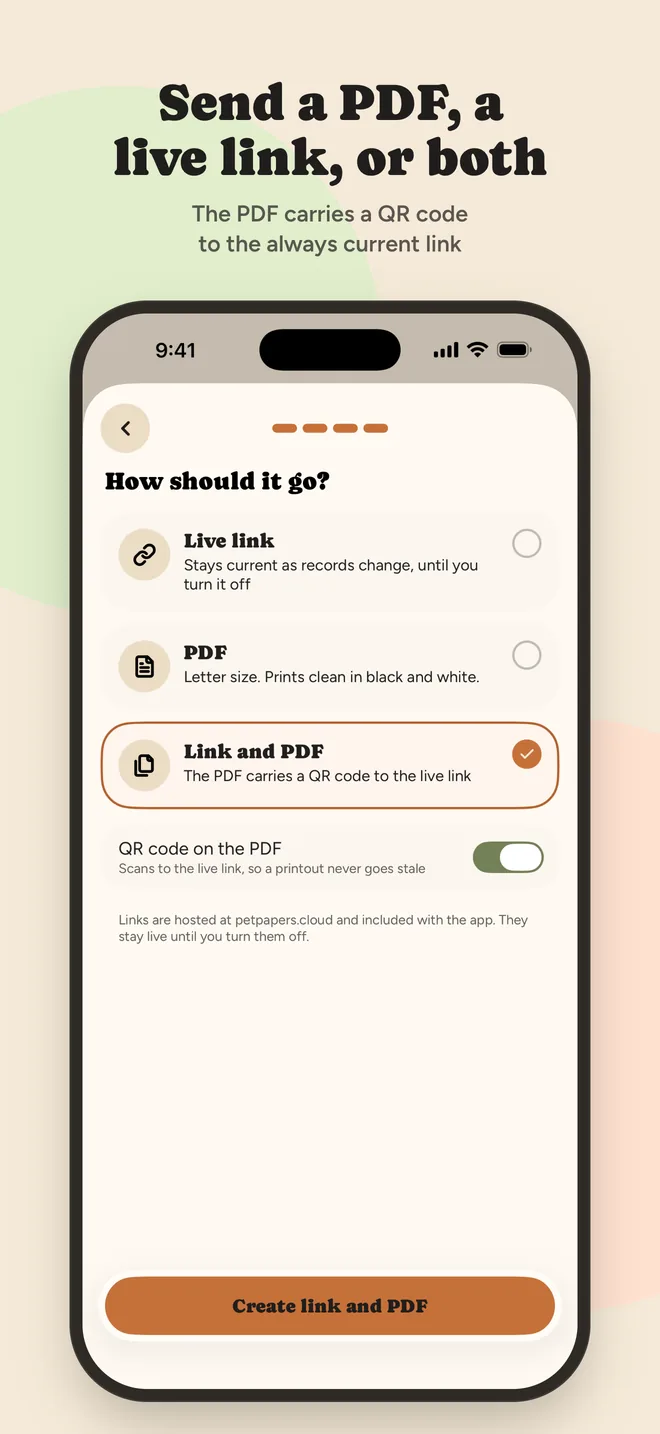Send a PDF, a live link, or both. The PDF carries a QR code to the always current link.