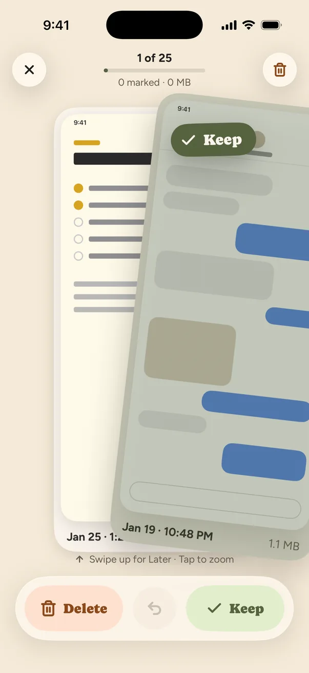 Sweep on iPhone during a Quick Sweep: a screenshot tilts to the right under a Keep label, with Delete and Keep buttons below it.